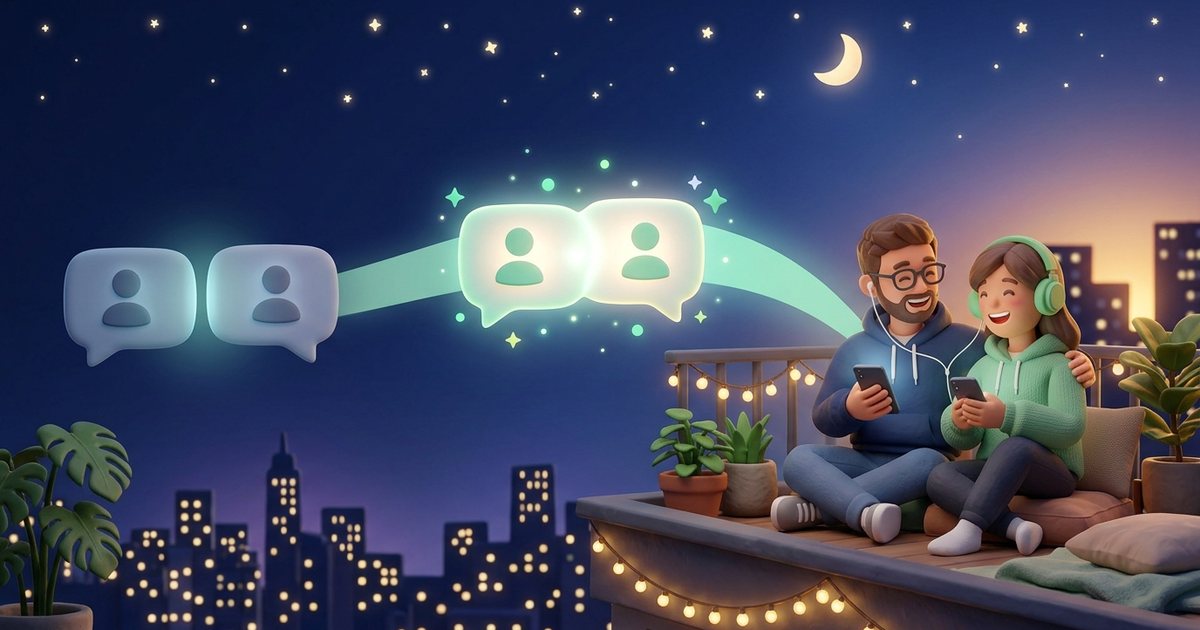 Illustration of anonymous chat bubbles that glow and merge into two friends laughing together on a rooftop at night, sharing earphones.