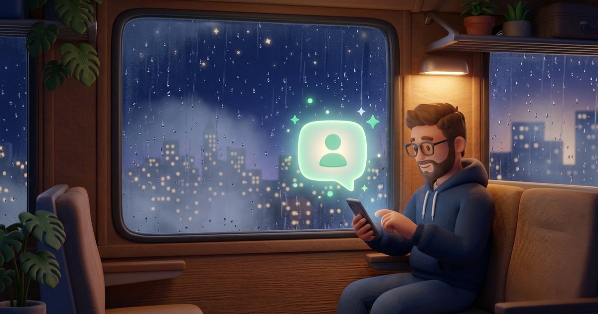 Illustration of a man on a night train by a rainy window, typing on his phone, with a glowing chat bubble showing a faceless avatar listening.