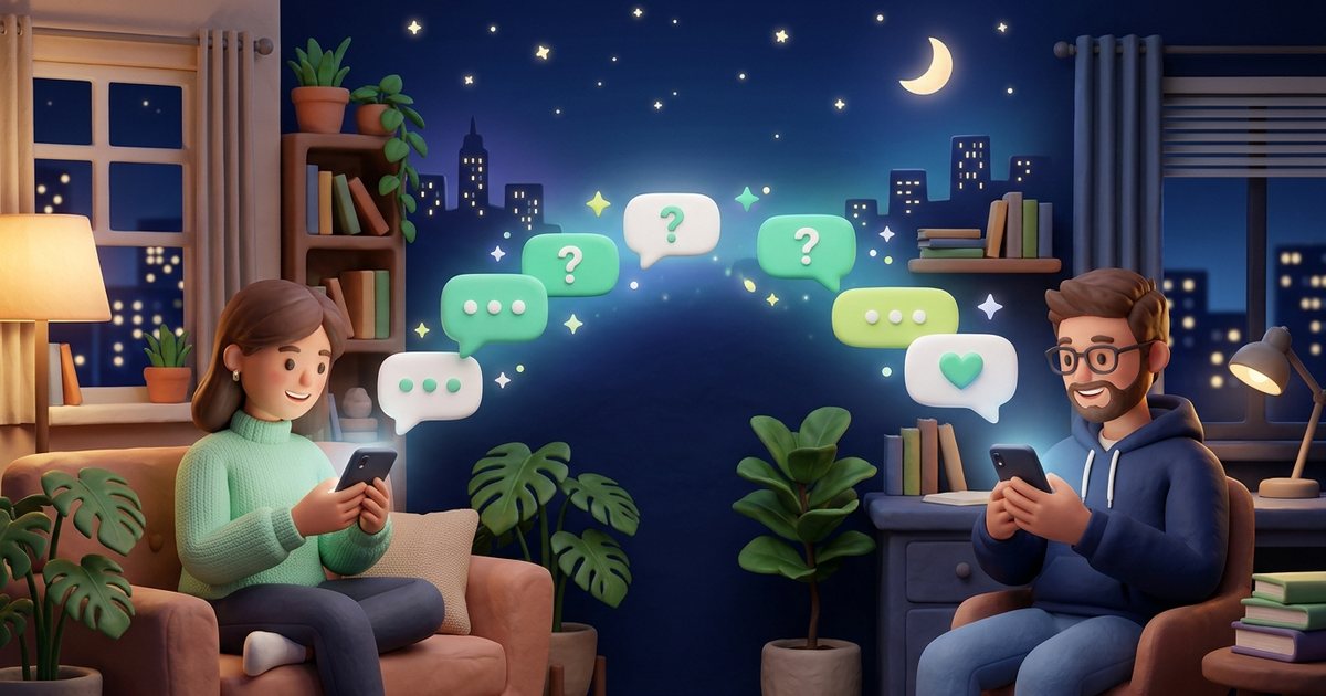 Illustration of two young adults in different cities at night, smiling at their phones, connected by a trail of chat bubbles with question marks.