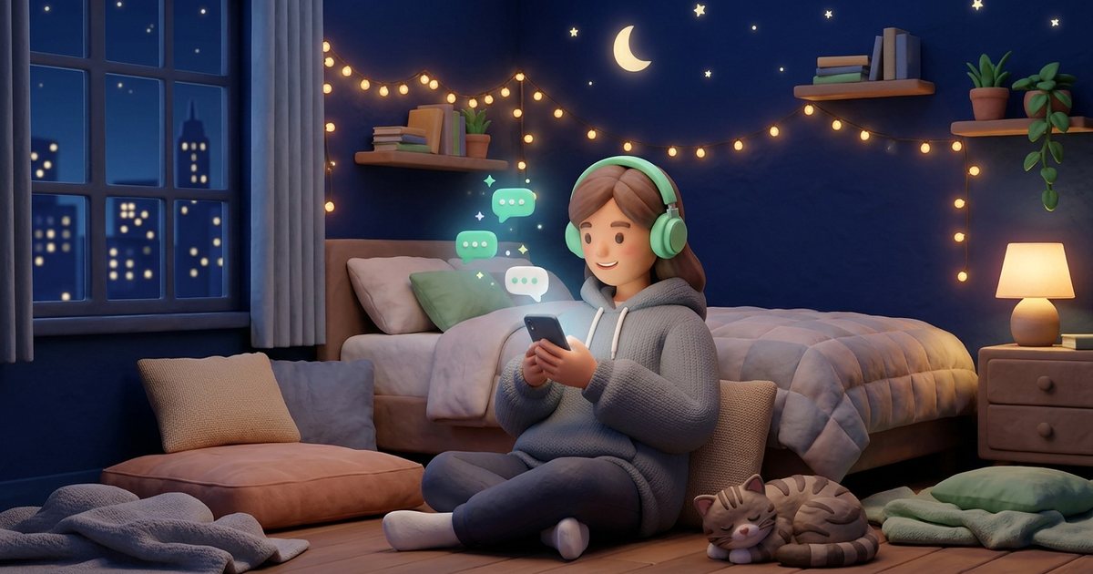 Illustration of a young woman with headphones sitting on her bedroom floor at night, smiling at her phone as small chat bubbles float up like fireflies.